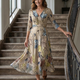 Celeste™ | Vestido Midi Floral con Escote Cruzado y Manga Tres Cuartos