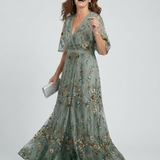 Selena™ | Vestido Maxi Halter Floral en Verde Salvia