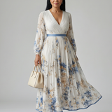 Riana™ | Vestido Midi Cruzado Floral con Falda Plisada y Manga Larga