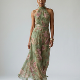 Mirella™ | Vestido Midi Halter Floral con Detalle Fruncido
