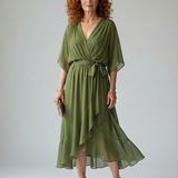 Elvira™ | Vestido Midi Drapeado con Cinturón y Manga Codo