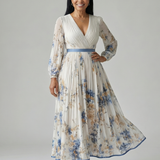 Riana™ | Vestido Midi Cruzado Floral con Falda Plisada y Manga Larga