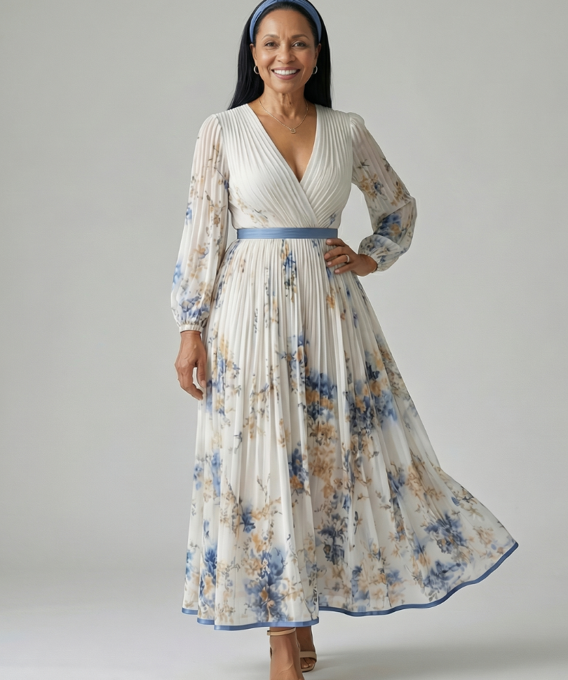 Riana™ | Vestido Midi Cruzado Floral con Falda Plisada y Manga Larga