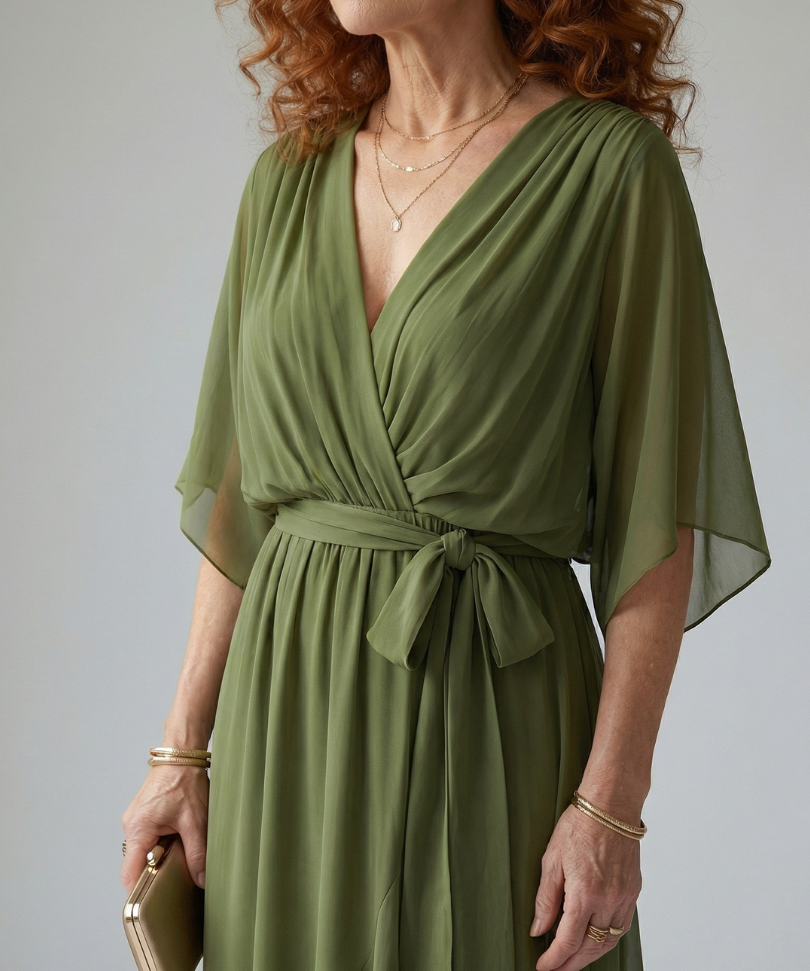 Elvira™ | Vestido Midi Drapeado con Cinturón y Manga Codo