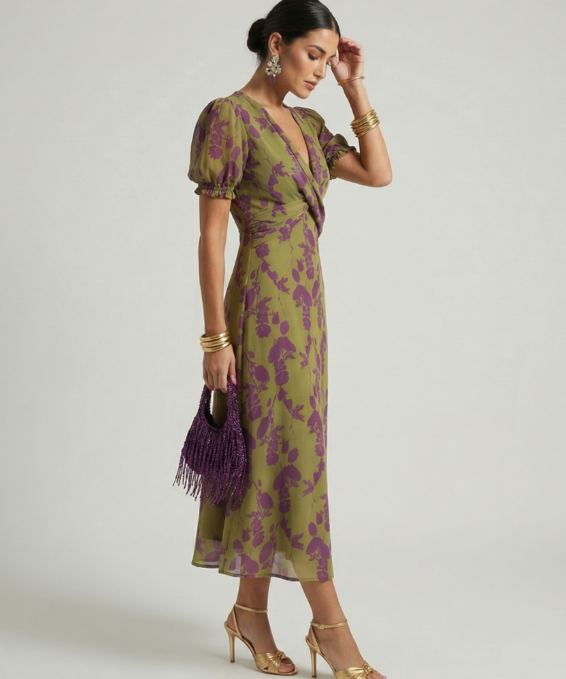 Virena™ | Vestido Midi Floral Cruzado de Manga Corta
