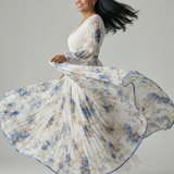 Riana™ | Vestido Midi Cruzado Floral con Falda Plisada y Manga Larga