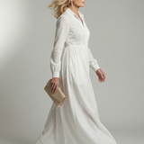 Lorena™ | Vestido Maxi Blanco de Manga Larga con Botones y Bolsillos