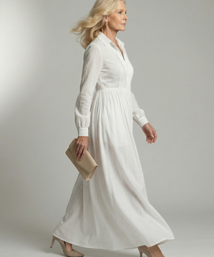 Lorena™ | Vestido Maxi Blanco de Manga Larga con Botones y Bolsillos