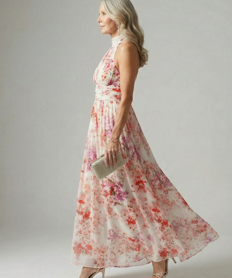 Elyana™ | Vestido Maxi Floral Halter de Tejido Fluido