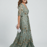Selena™ | Vestido Maxi Halter Floral en Verde Salvia