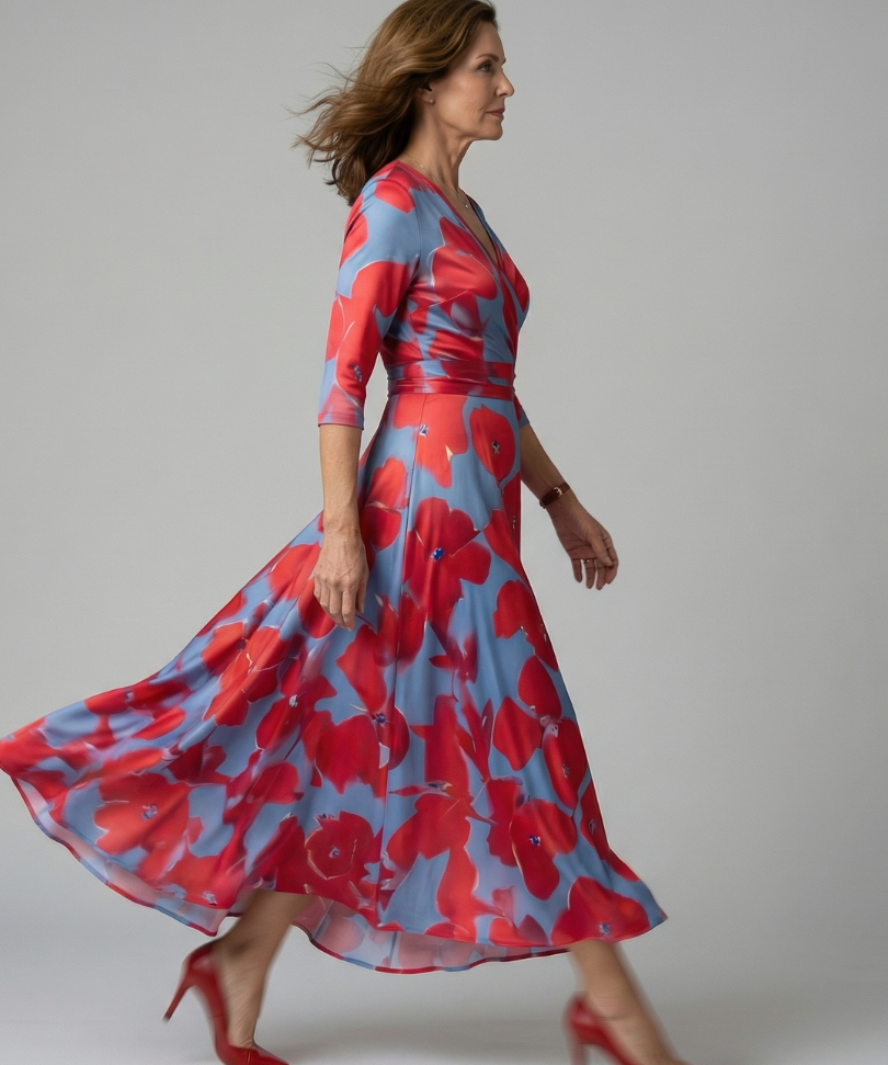 Celeste™ | Vestido Midi Floral con Escote Cruzado y Manga Tres Cuartos