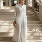 Lorena™ | Vestido Maxi Blanco de Manga Larga con Botones y Bolsillos