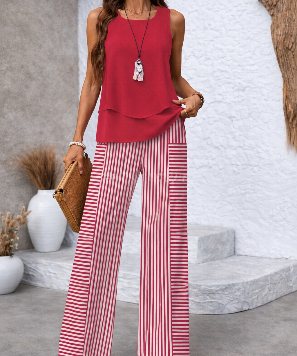 Ramona™ | Conjunto Rosa Top Liso y Pantalón Rayas