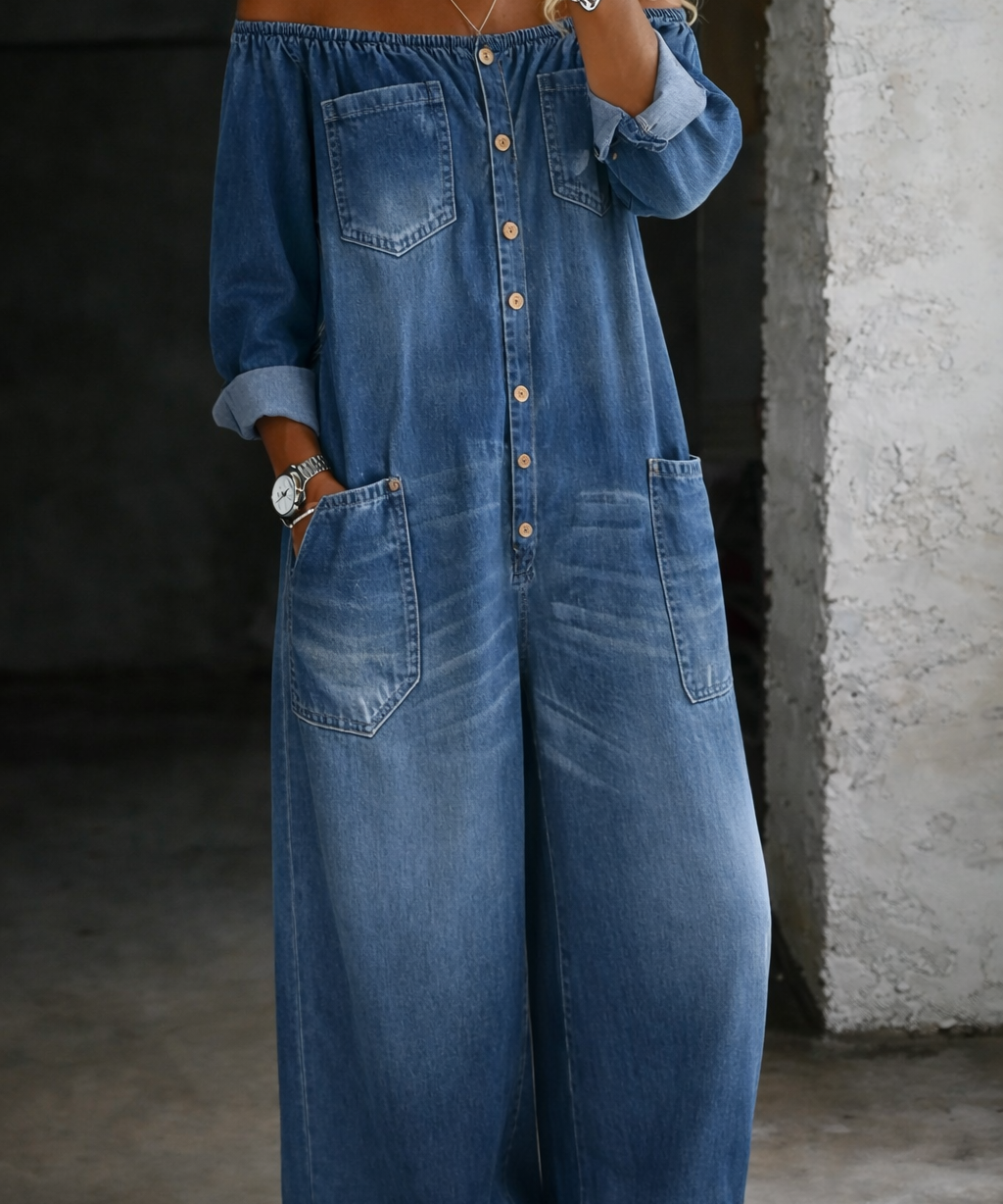 Sabina™ | Mono vaquero off-shoulder de manga larga