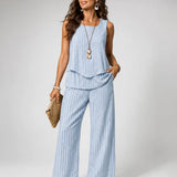 Nicolasa™ | Conjunto Rayas Azul Top y Pantalón Ancho