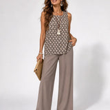 Facunda™ | Conjunto Taupe Blusa Geométrica y Pantalón Ancho