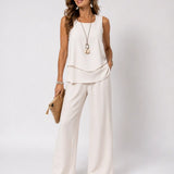 Leandra™ | Conjunto Crema Satinado Top en Capas y Pantalón