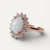Vintage Rose Gold Oval Opal and Radiant Crystal Border Ring