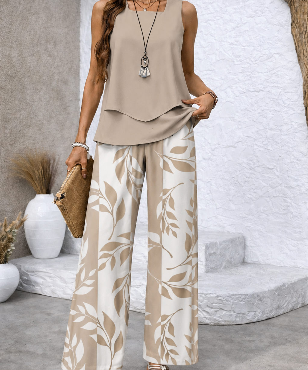 Ernestina™ | Conjunto Natural Blusa Beige y Pantalón Botánico