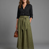 Vera™ | Conjunto Blusa Negra y Falda Midi Verde Oliva