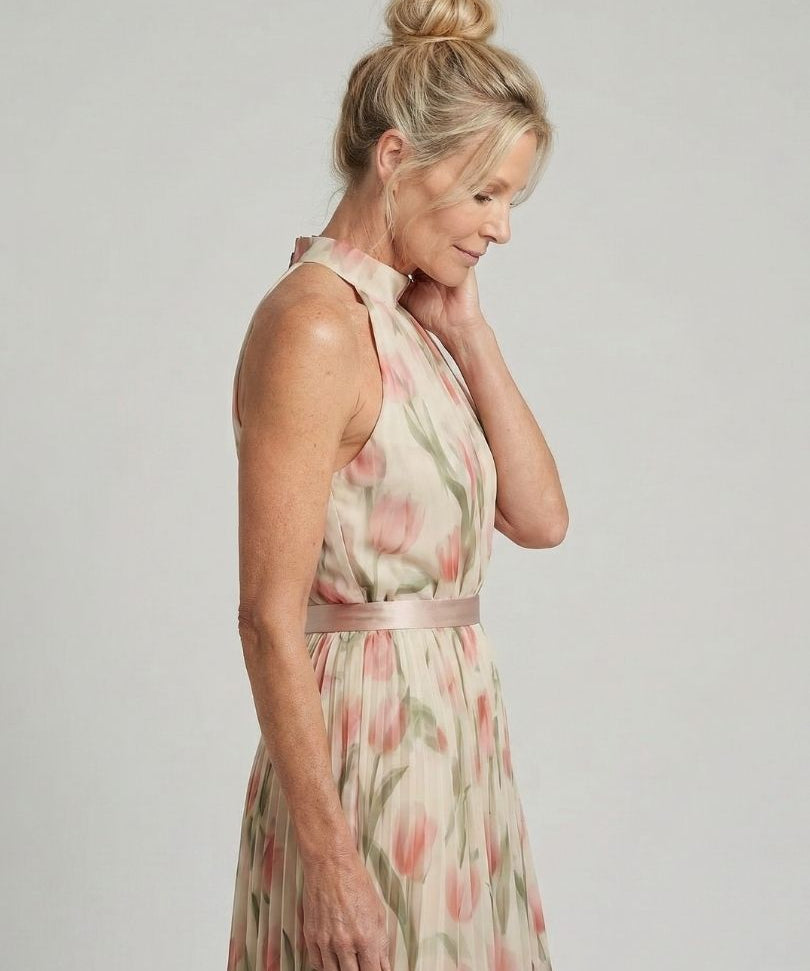 Aurelia™ | Vestido Midi Halter Floral con Cinturón