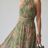 Mirella™ | Vestido Midi Halter Floral con Detalle Fruncido