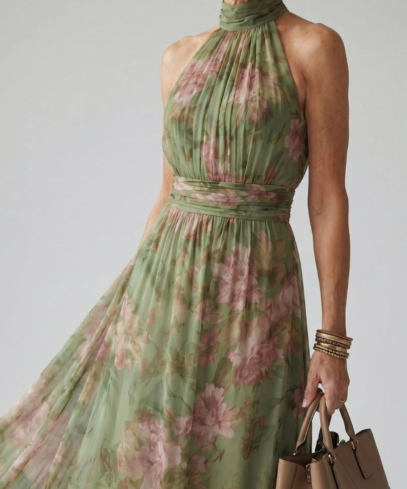 Mirella™ | Vestido Midi Halter Floral con Detalle Fruncido