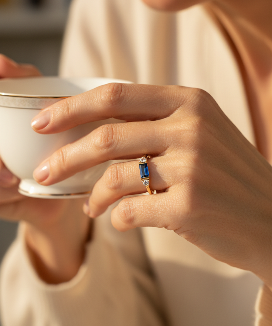 Gold Stunning Blue Centre and Sparkling Ring