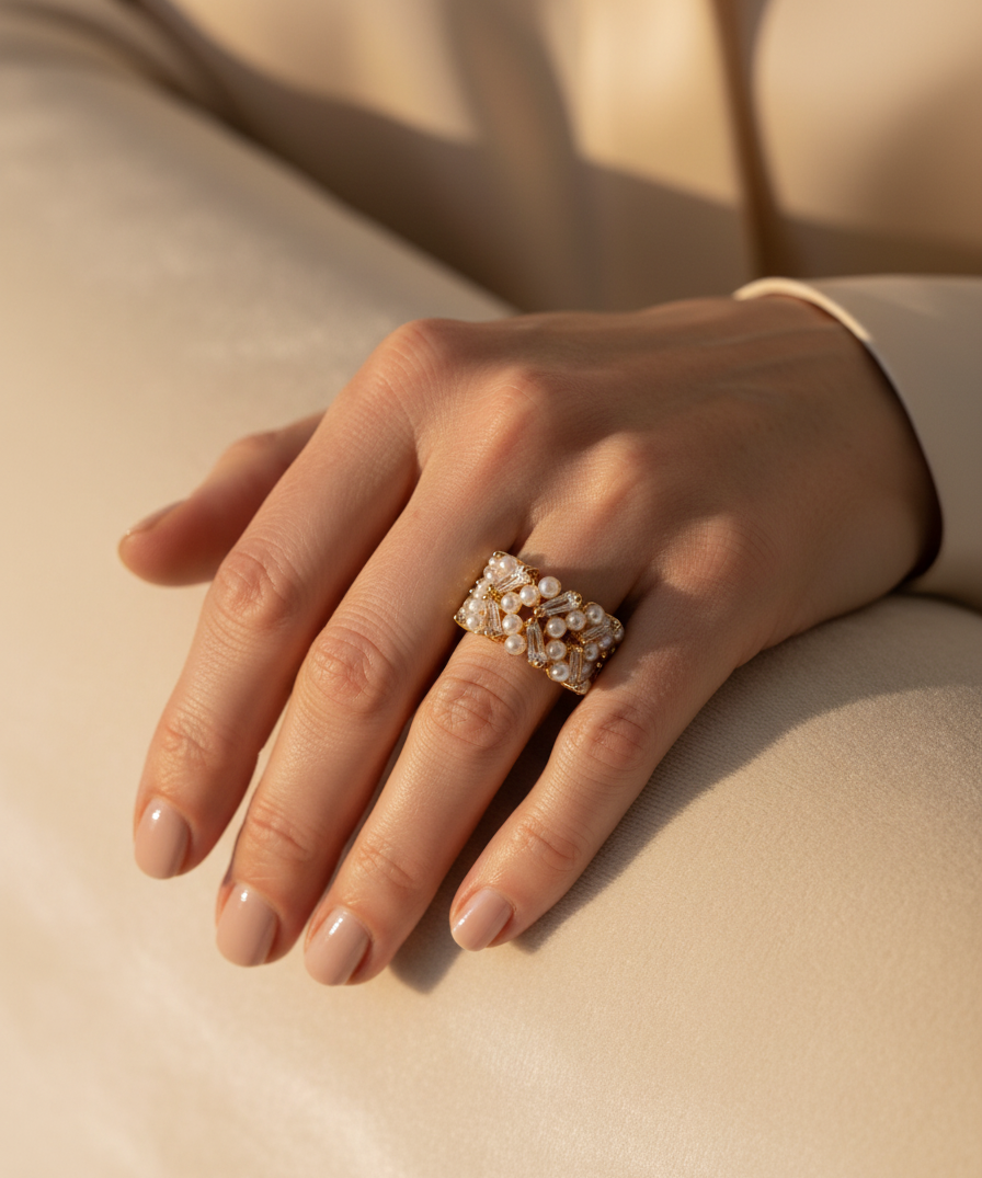 Adjustable Vintage Gold Pearl and Crystal Ring