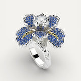 Silver Blue Flower and Crystal Ring