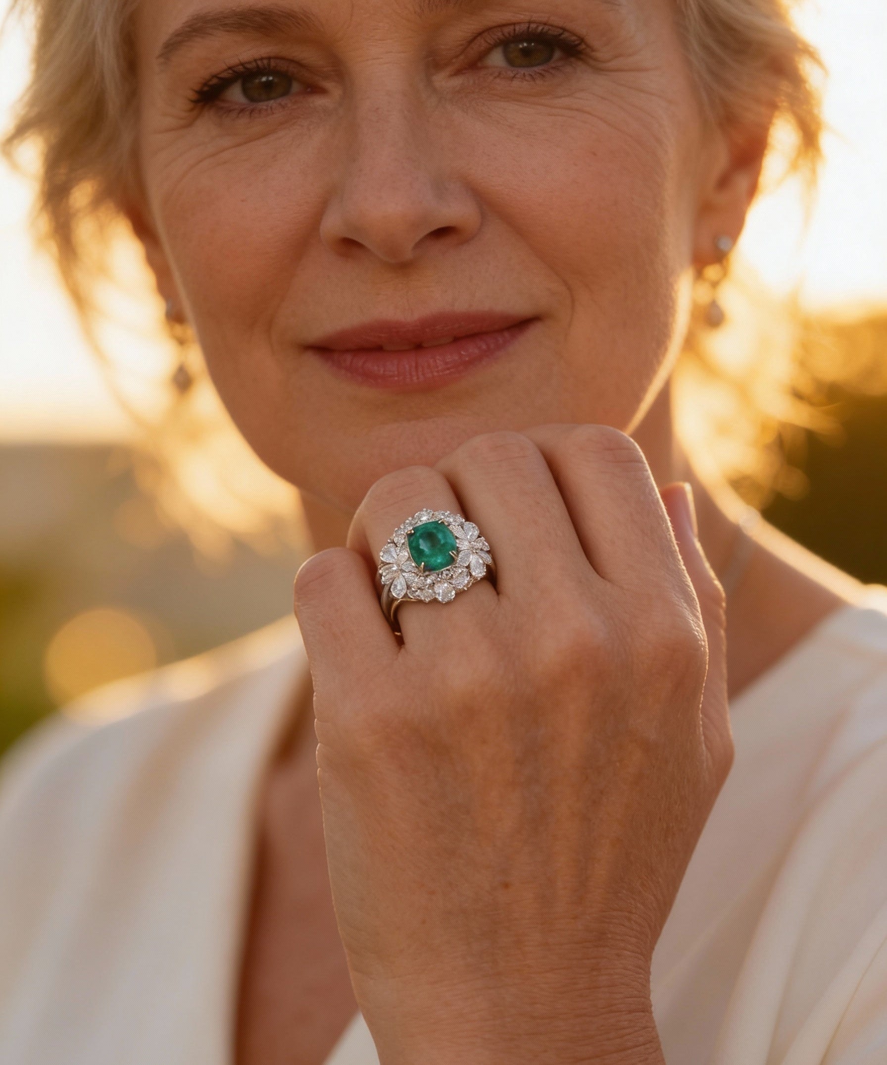 Vintage Floral Green Stone and Diamond Ring