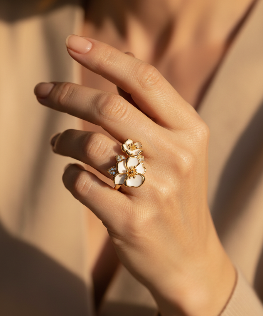Gold White Flower Ring