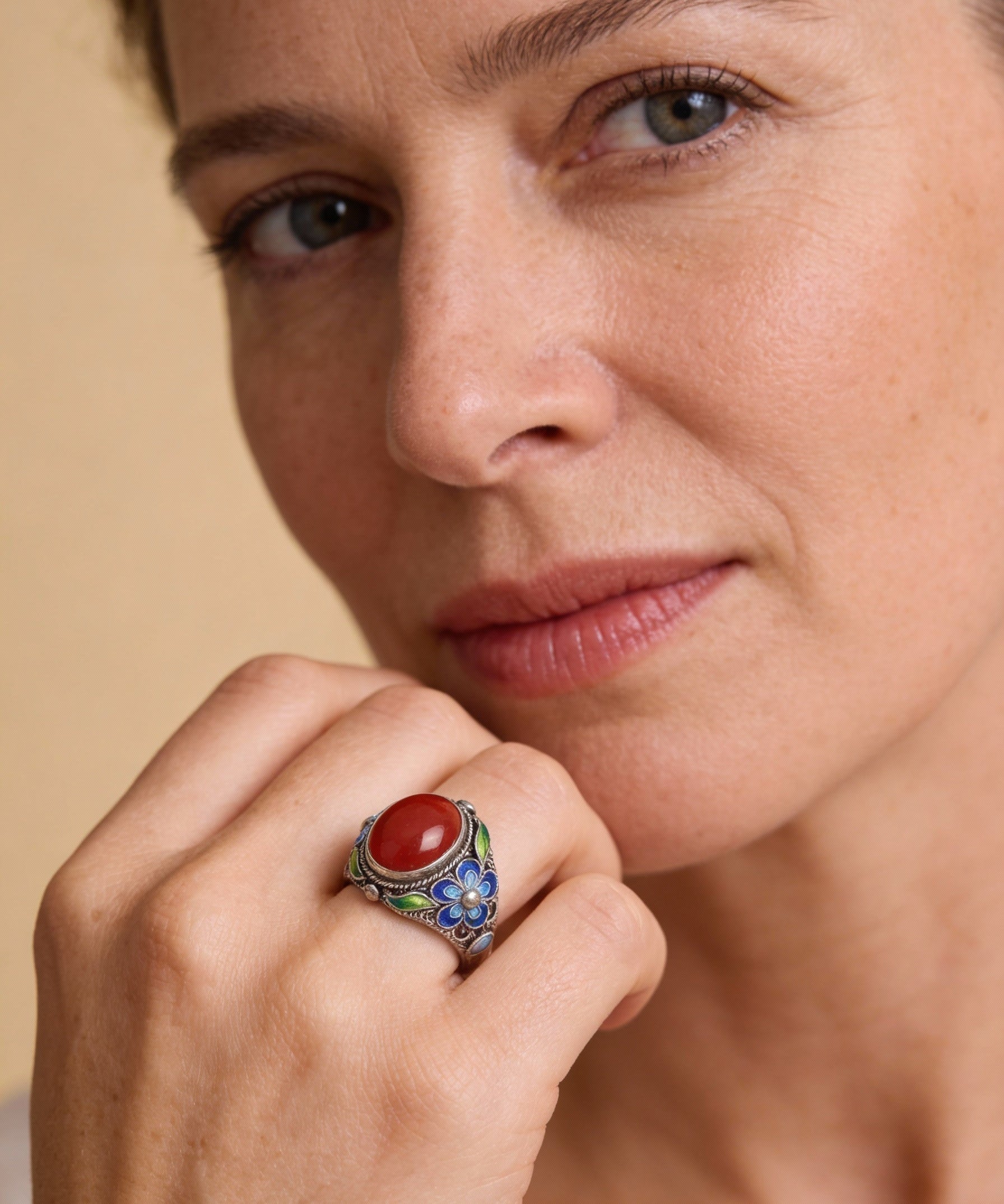 Adjustable Vintage Silver and Southern Red Tourmaline Inlay Ring