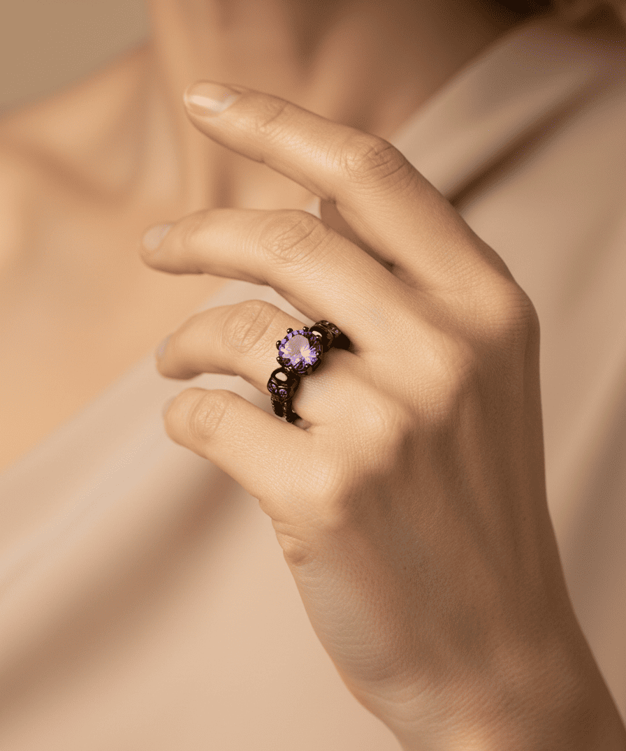 Vintage Round Black Purple Gemstone and Intricate Design Ring