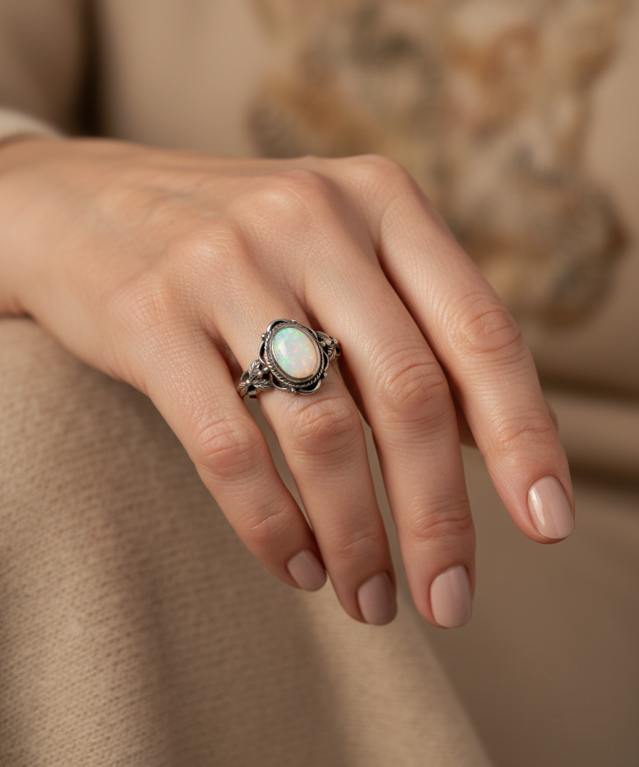 Vintage Silver Floral Opal Ring