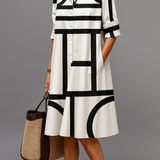 Leocadia™ | Vestido Midi Geométrico Blanco y Negro