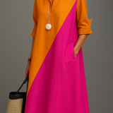 Olalla™ | Vestido Midi Bicolor Naranja y Rosa