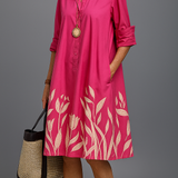 Purificación™ | Vestido Midi Rosa con Flores Doradas