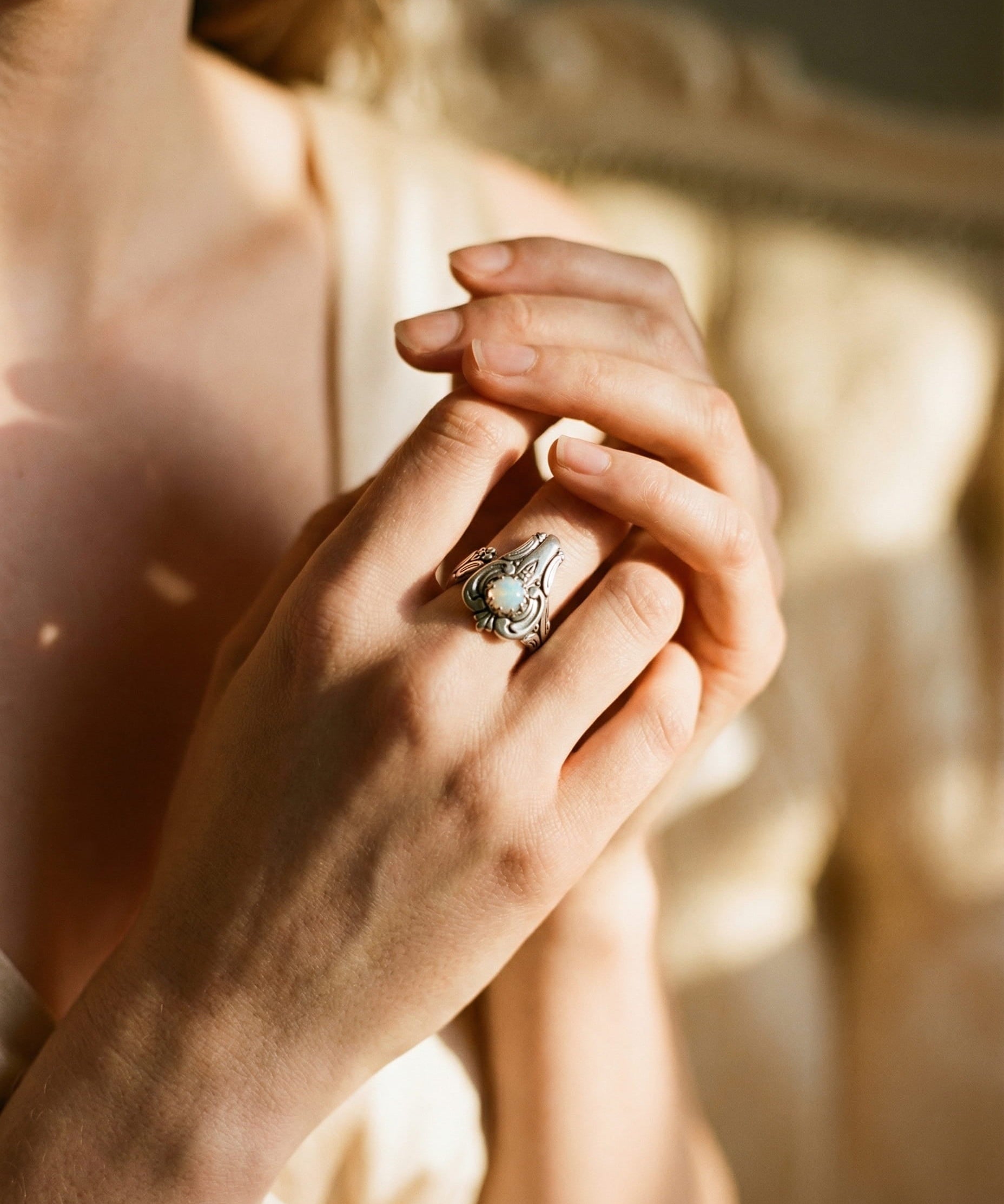 Adjustable White Opal Spoon Ring