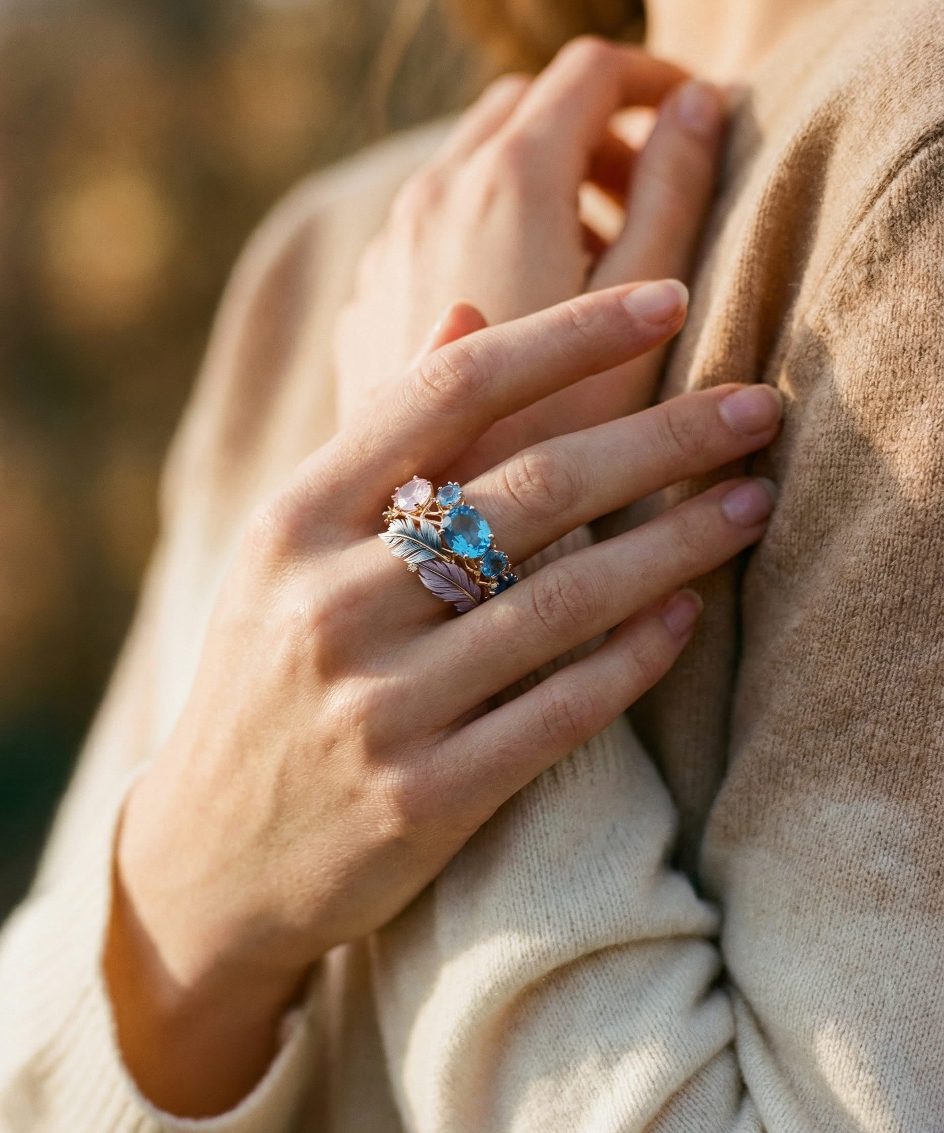 Vintage Exotic Crystal and Feather Ring