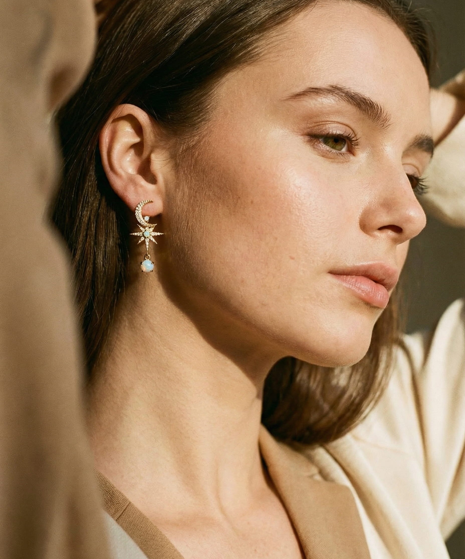 Gold Moon and Star Opal Earrings