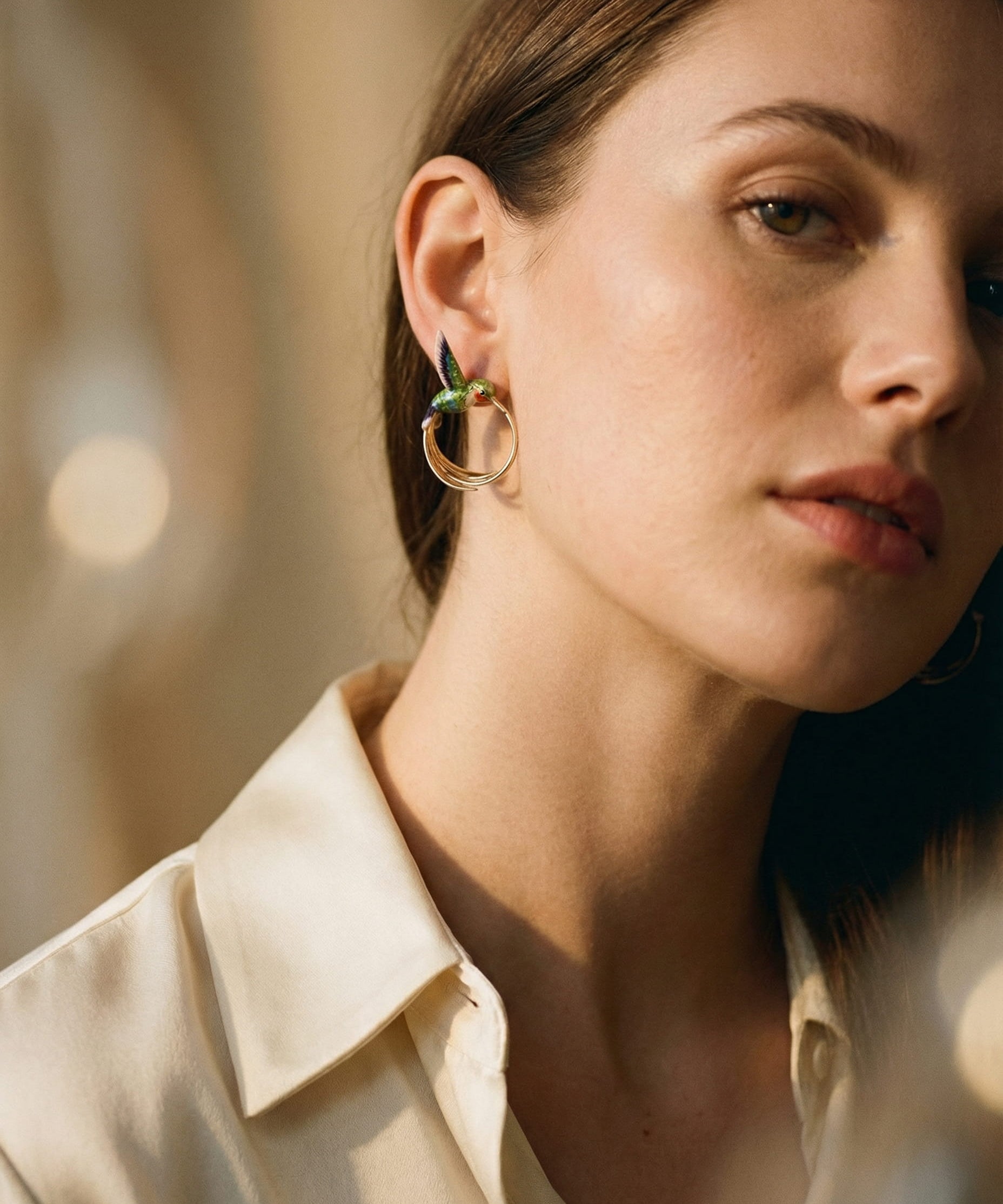 Vintage Enamel Hummingbird Hoop Earrings