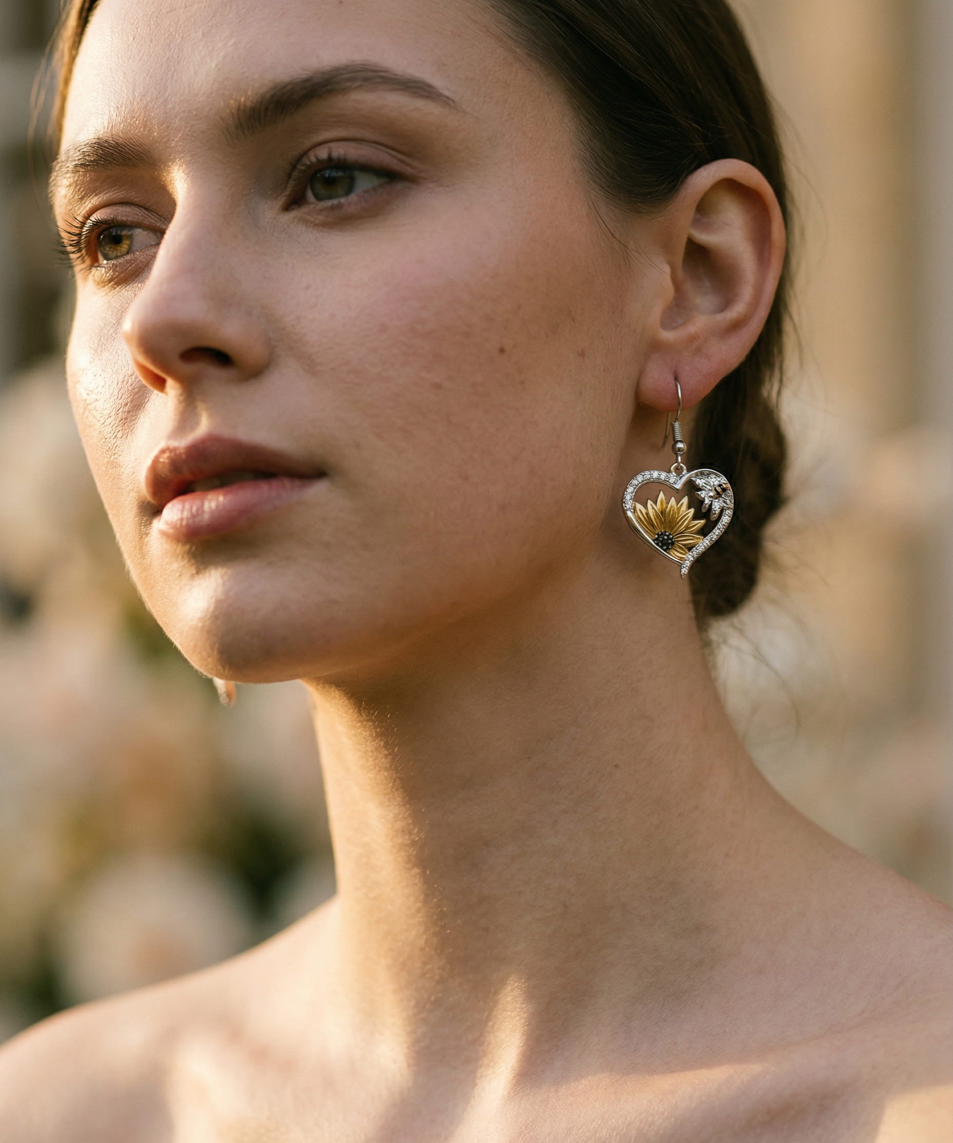 Vintage Boho Sunflower and Bee Heart Drop Earrings