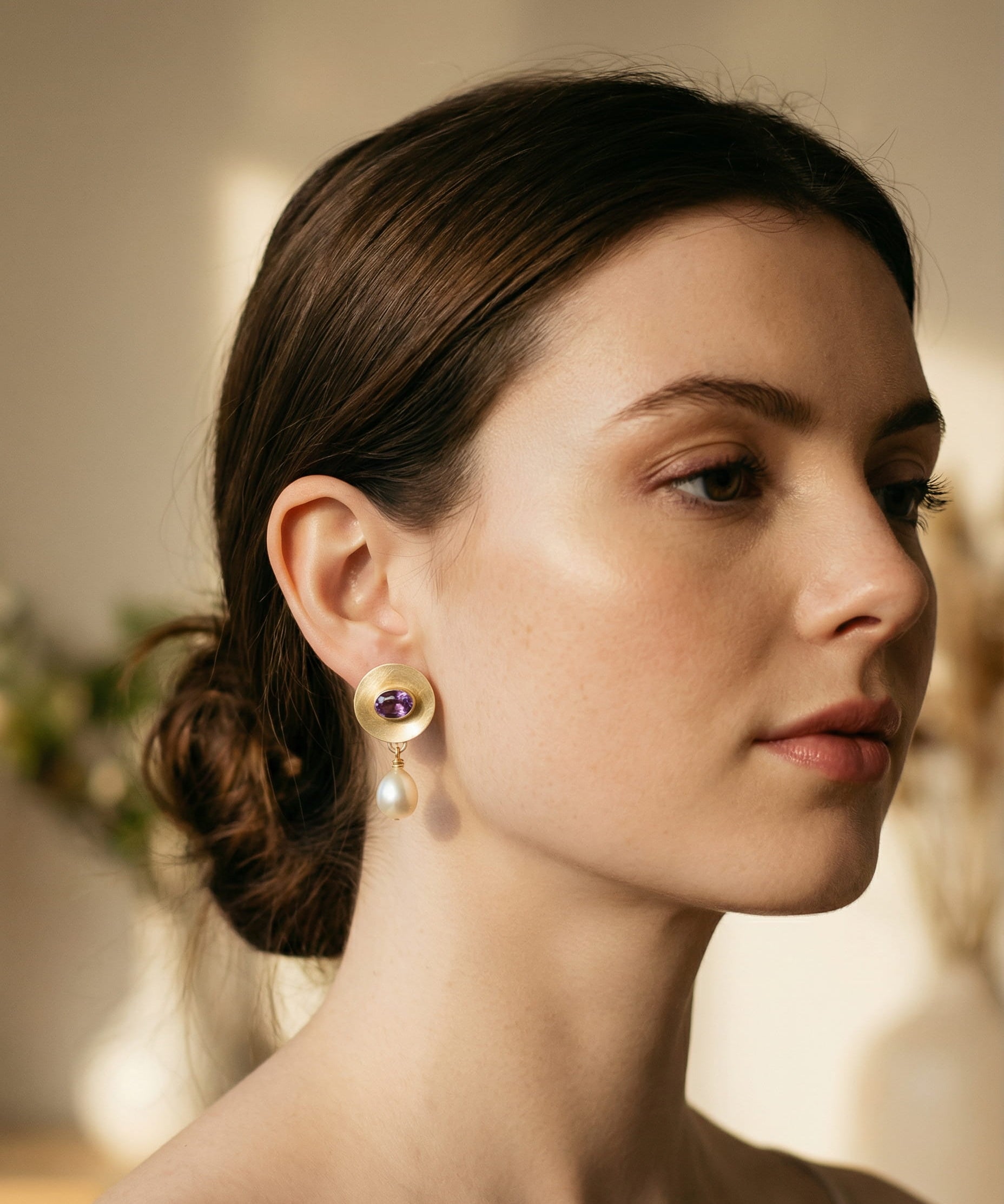 Gold Purple Detail and Pearl Earrings