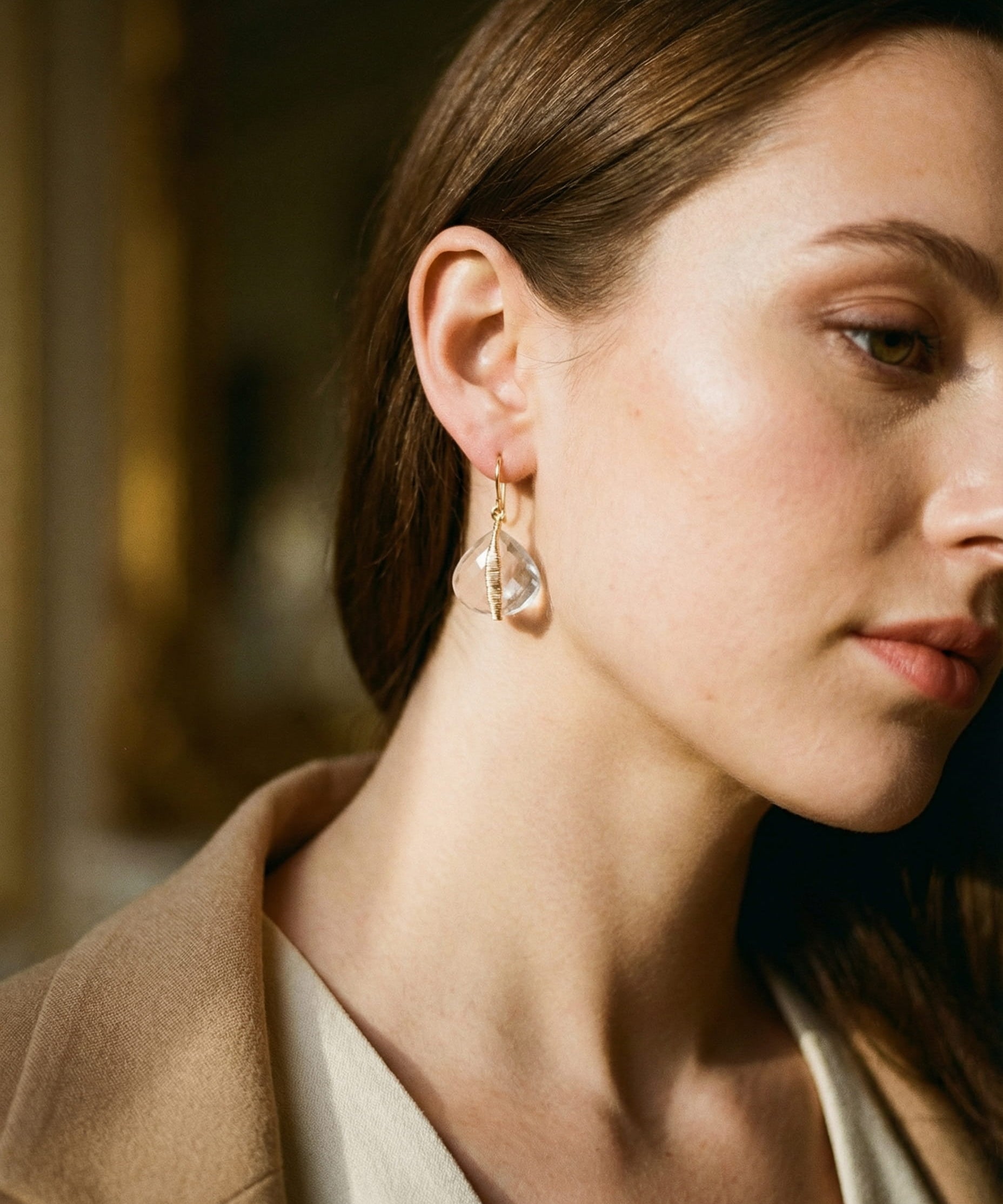 Handcrafted Gold White Crystal Earrings