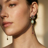 Vintage Gold Blue Opal and Red Crystal Earrings
