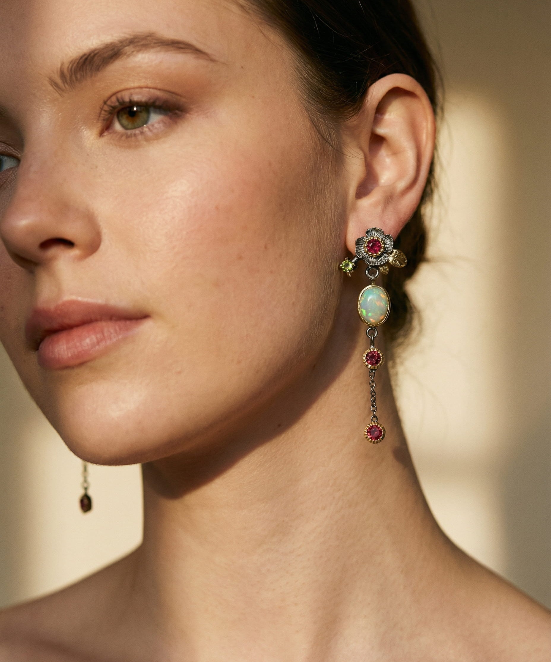 Vintage Gold Blue Opal and Red Crystal Earrings