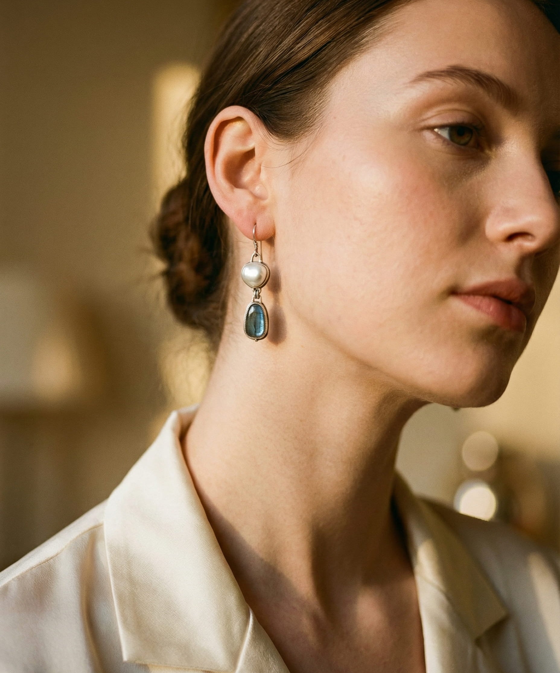 Vintage Silver Natural Stone and Pearl Earrings