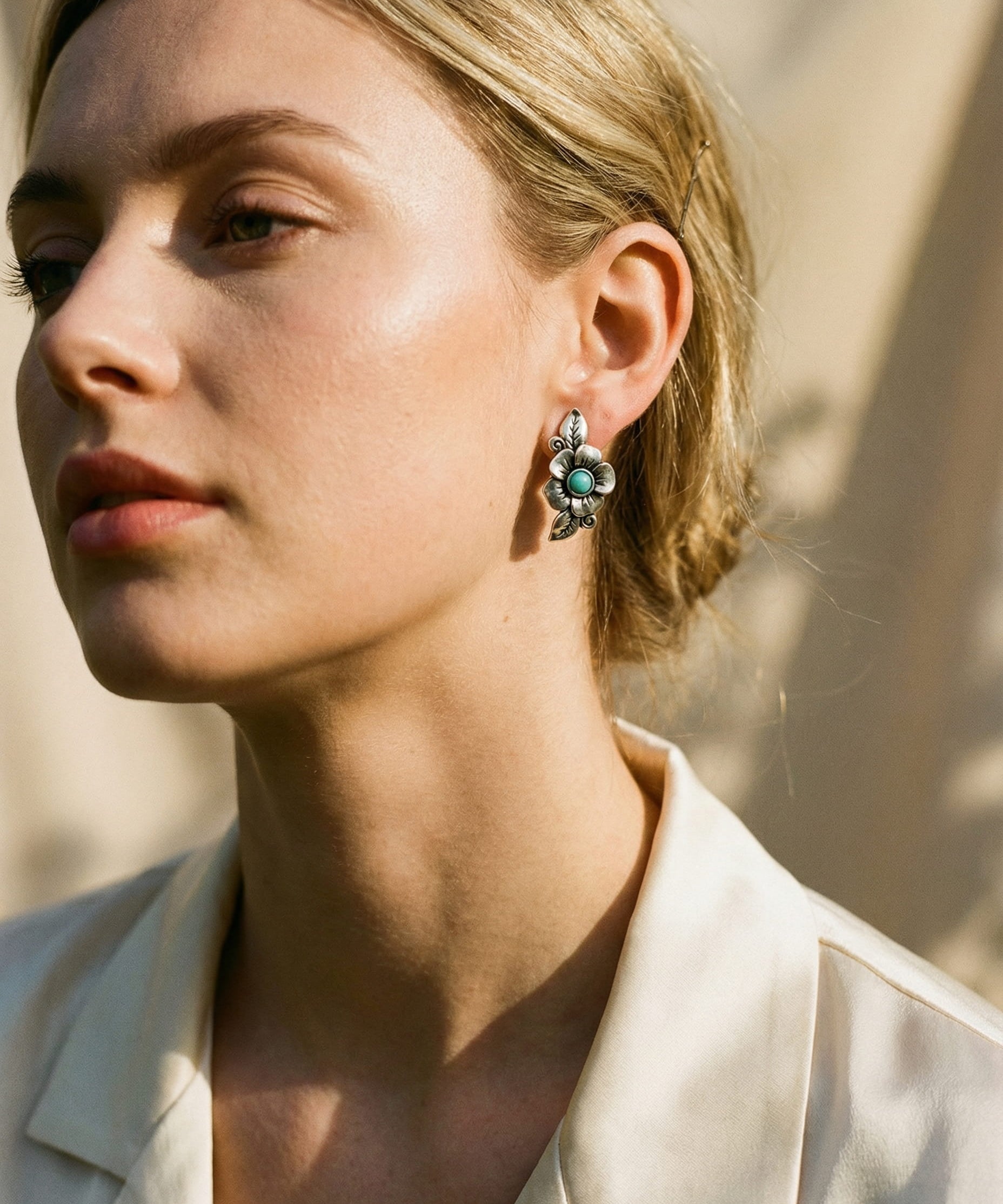 Sterling Silver Boho Blue Opal Flower Earrings