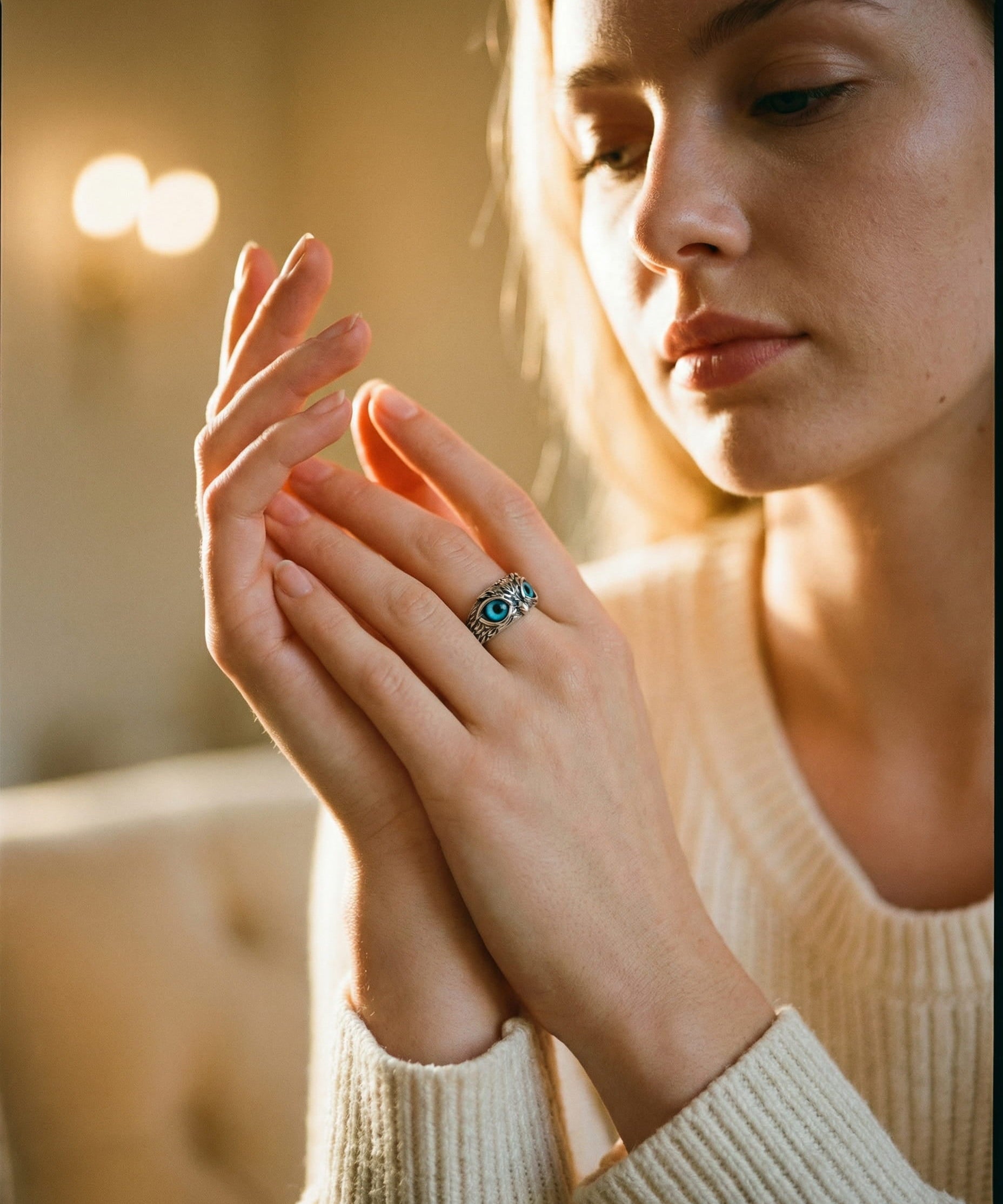 Adjustable Silver Lucky Owl Opal Ring